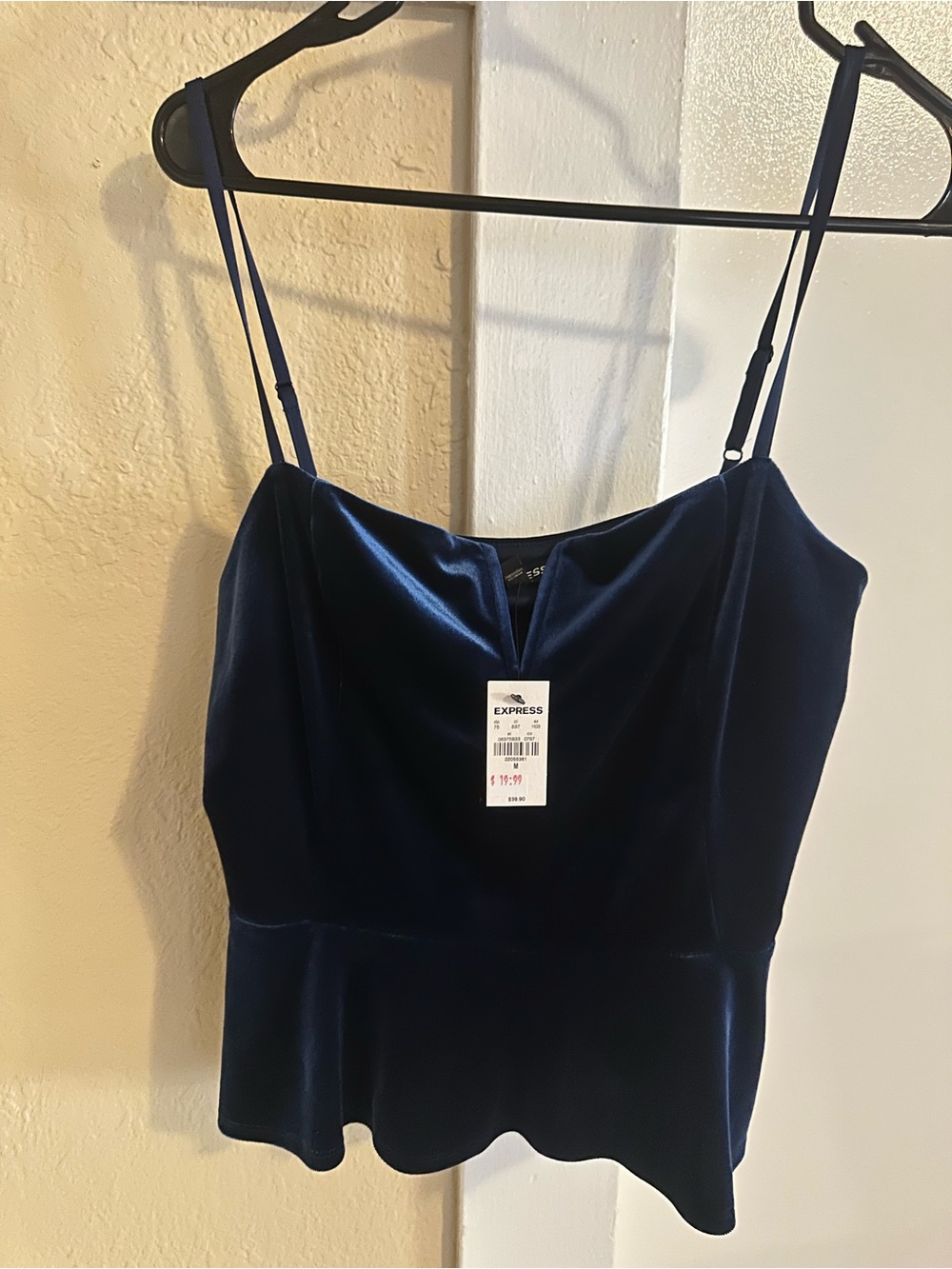 Express Navy Velvet Strapless Cami with Peplum Hem